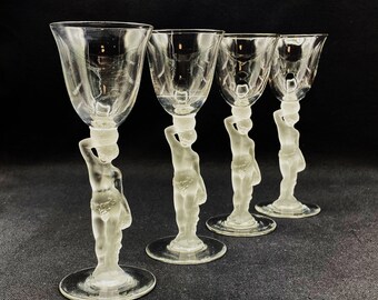 Vintage Bayel France Bacchus Frosted Stem Cordial Wine Glasses, Set of 4