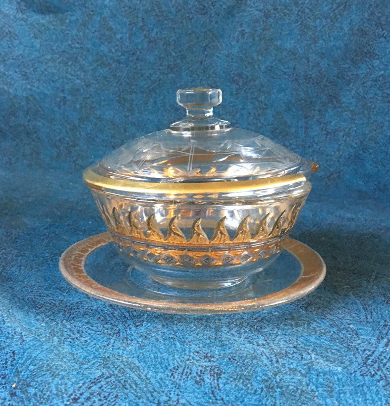 Vintage Covered Gold Flame Etched Mayonnaise or Dip Bowl with Underplate Mid Century Modern
