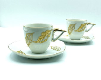 Vintage Japanese Golden Foliage Demitasse Tea Cups, Set of 2