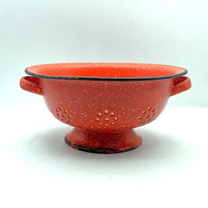 Vintage Reddish Orange Enamelware Colander
