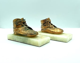 Vintage Bronzed Baby Shoe Bookends with Marble Base