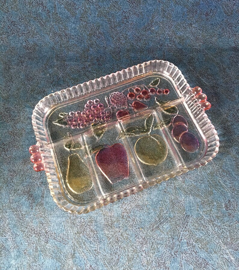 Indiana Glass Divided Serving Tray With Fruits Rainbow Mist Etsy
