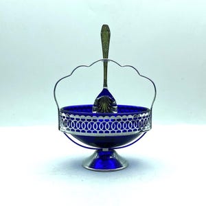 Vintage Cobalt Blue Glass Sugar Bowl with Chrome Holder and Spoon