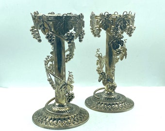 Vintage Pair of Studio Silversmiths Silver Plated Grapevine Candlestick Holders