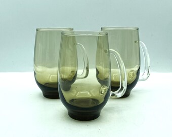 Vintage Libbey Tempo Brown Tankards, Set of 3, Smokey Brown Glass Steins with Clear Sculptured Handle