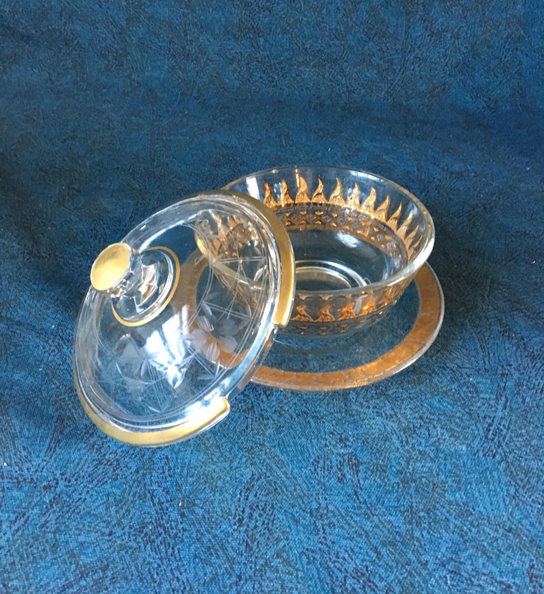 Vintage Covered Gold Flame Etched Mayonnaise or Dip Bowl with Underplate Mid Century Modern