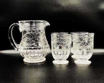 Vintage European Cut Glass Water Pitcher and Tumblers, 5 Piece Set