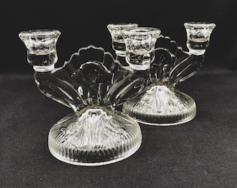 Pair of Vintage Jeannette Iris and Herringbone Double Candlestick Holders - Depression Glass