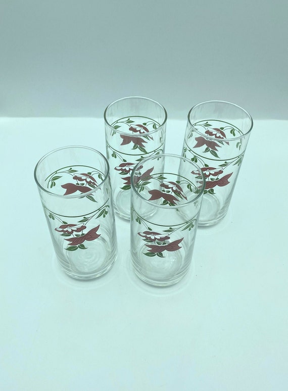 Vintage Clear Glass Tumblers Drinking Glasses Gold Flower and White Leaves  Design Set of Six Retro Kitchen Bar Ware Pink Belly Vintage 