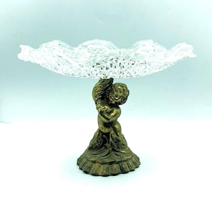 Vintage Hollywood Regency Cast Cherub Diamond Point Compote
