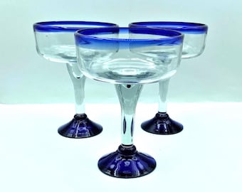 Vintage Mexican Blown Glass Blue Margarita Glasses, Set of 3