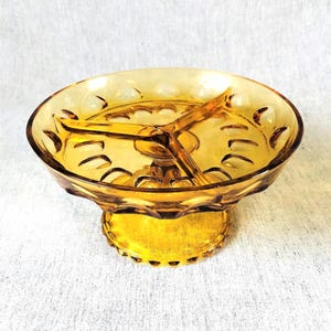 Hazel Atlas Amber Glass Divided Pedestal Thumbprint Compote