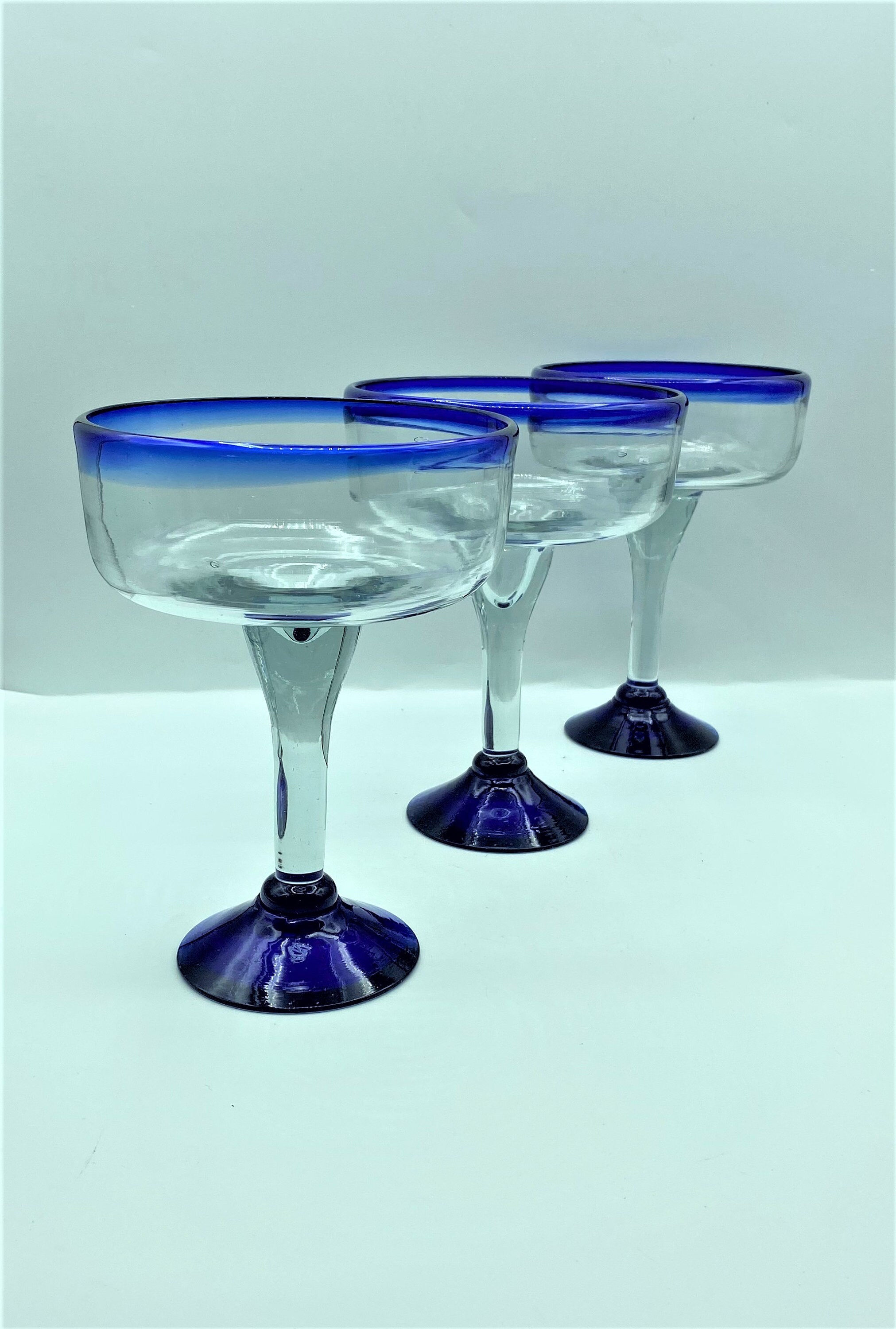 Mexican Blown Glass Blue Margarita Glasses Set of 3 Etsy