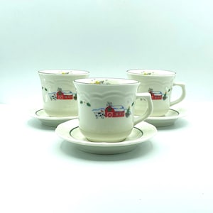 Vintage Pfaltzgraff Snow Village Cups and Saucers, Set of 3, Christmas Dishes