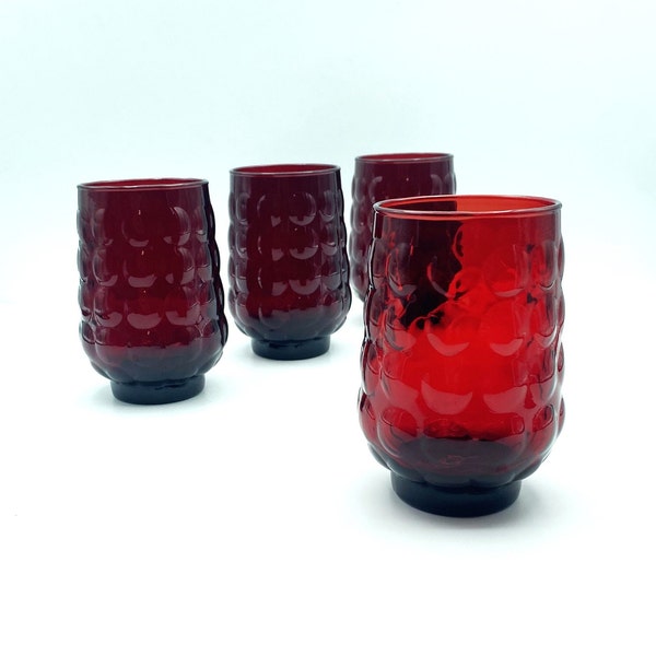 Vintage Anchor Hocking Ruby Red Bubble Glass Tumblers, Set of 4