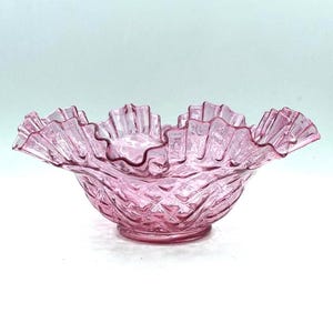 Vintage Fenton Diamond Optic Ruby Overlay Crimped Bowl