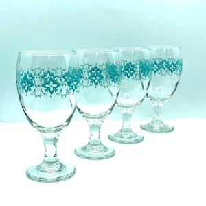 Retro Turquoise Floral Water Goblets, Set of 4