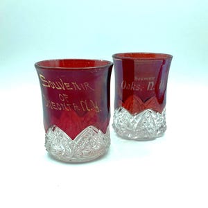 EAPG Ruby Flash Souvenir Tumblers - Button Arches & Heart Band, Set of 2