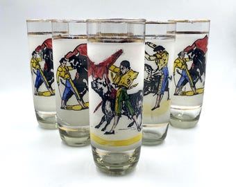 Vintage MCM Mexican Bullfighter Tom Collins Glasses, Set of 6