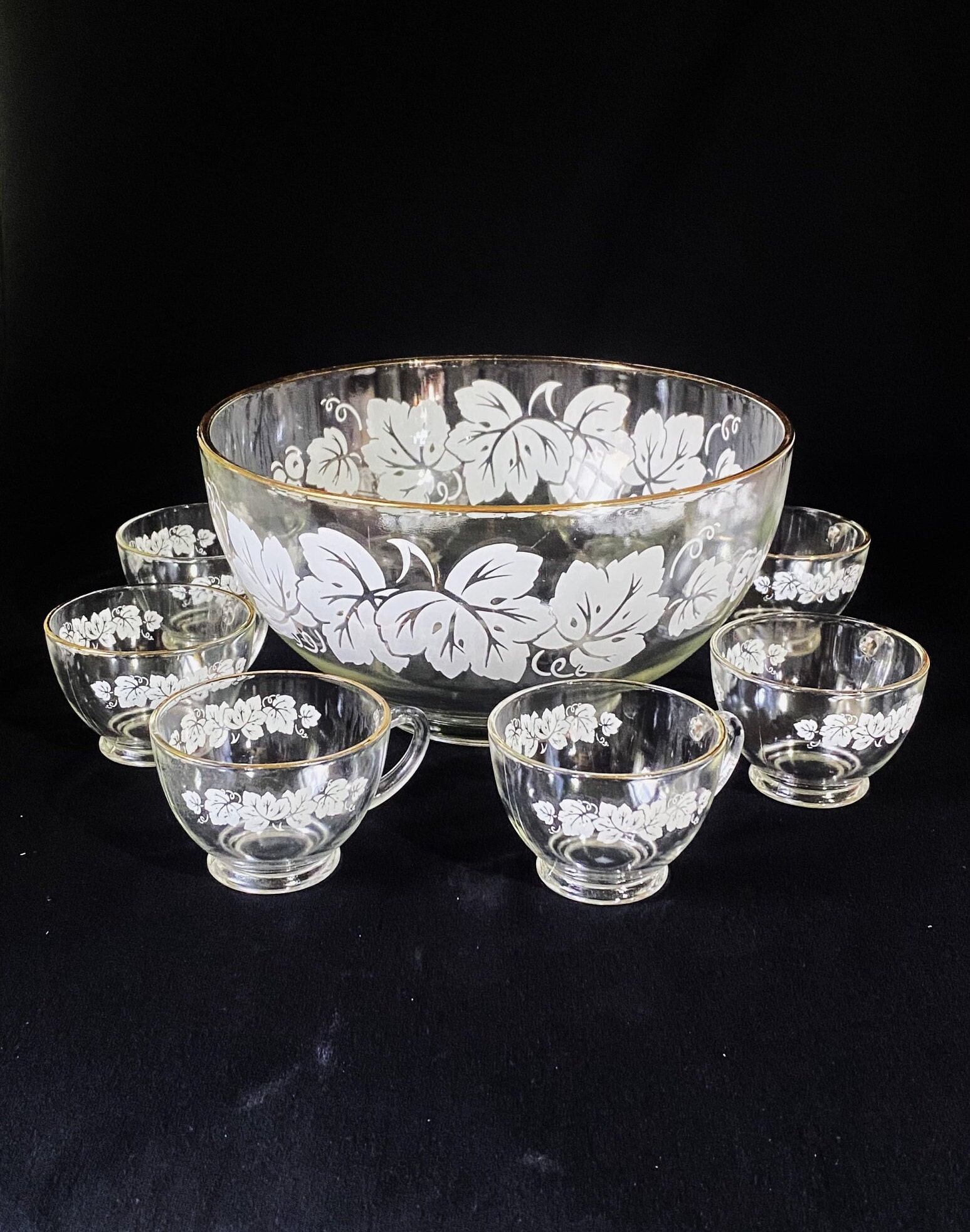 Vintage Anchor Hocking White Grape Leaf Punch Bowl Set With