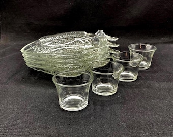 Vintage Elan Glass Fish Plates and Sauce Cups, Set of 4