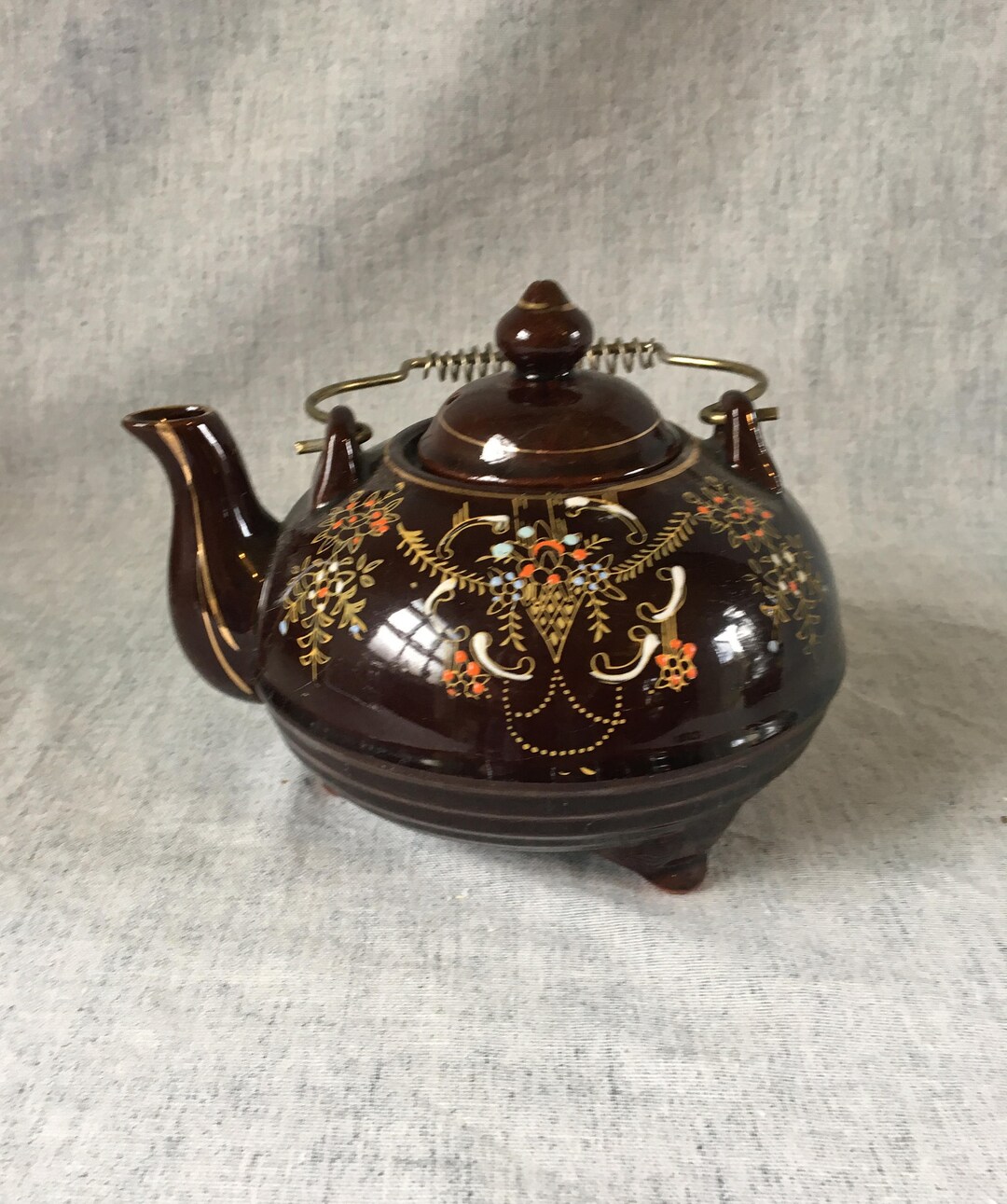 Redware Teapot Japanese Brown Gold Trimmed Handpainted Enamel Etsy