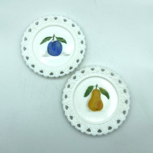 Vintage Lace Edge Milk Glass Salad Plates with Hand Painted Fruits, Set of 2