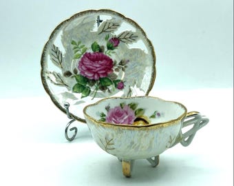 Vintage Pink & Yellow Rose Lustreware Teacup and Saucer - Cherry China