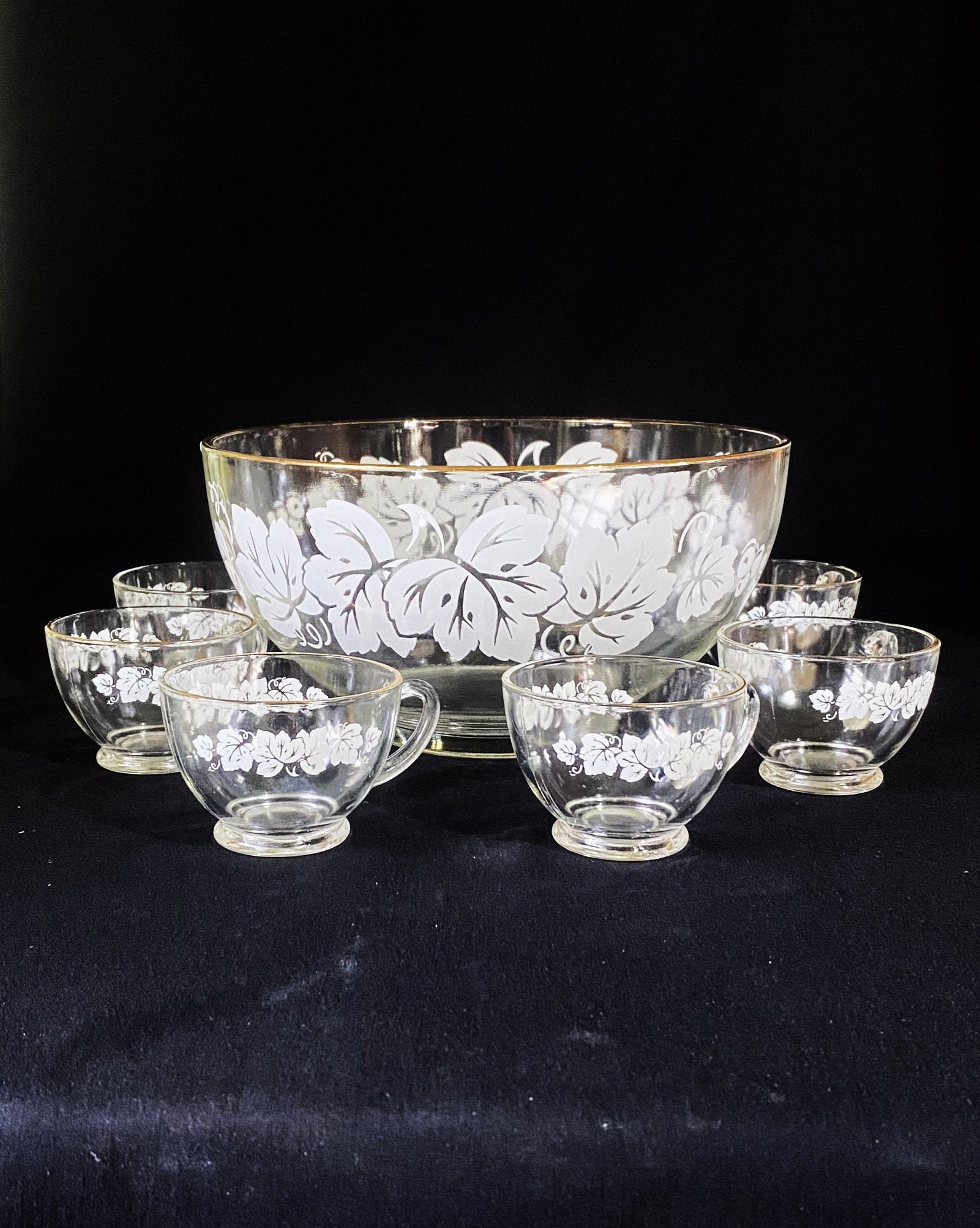 Vintage Anchor Hocking White Grape Leaf Punch Bowl Set With