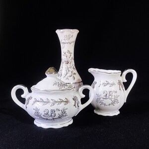Vintage Lefton 25th Anniversary Sugar Bowl, Creamer and Bud Vase
