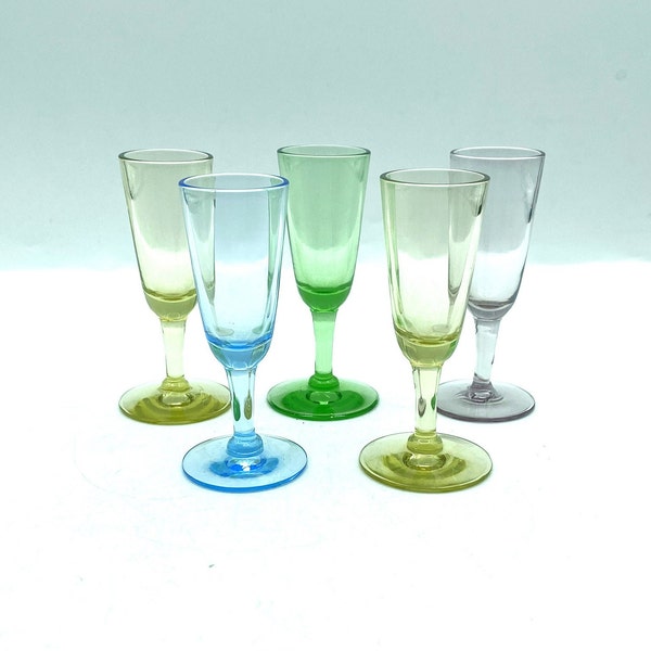Vintage Multi Color Aperitif or Stemmed Shot Glasses, Set of 5