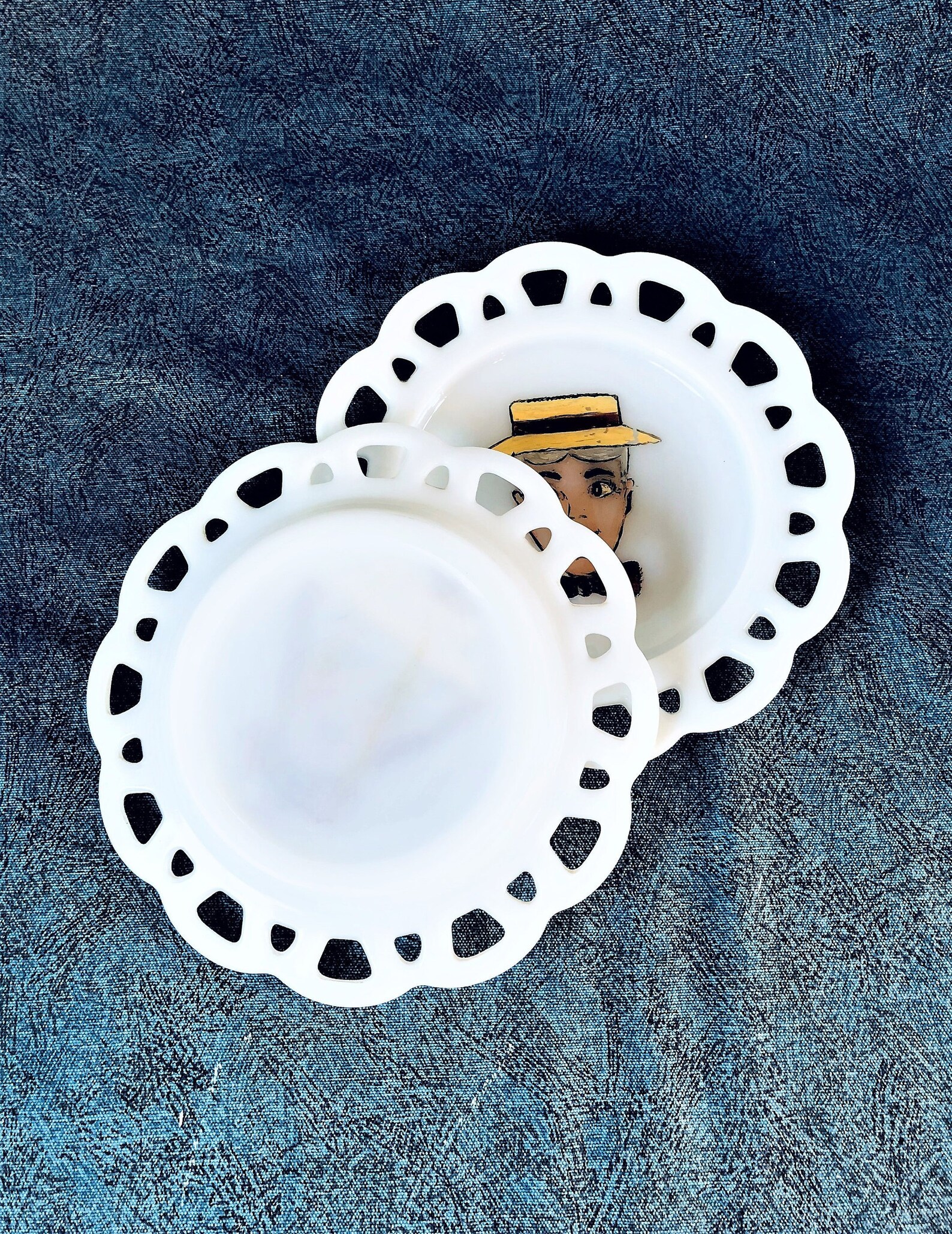 Vintage Lace Edge Milk Glass Salad Plates With Hand Painted Etsy