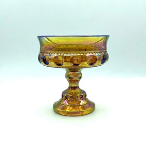 Vintage Marigold Carnival Glass Kings Crown Thumbprint Compote from the Indiana Glass Co