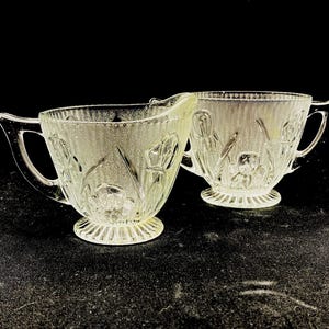 Vintage Jeannette Glass Iris & Herringbone Sugar Bowl and Creamer