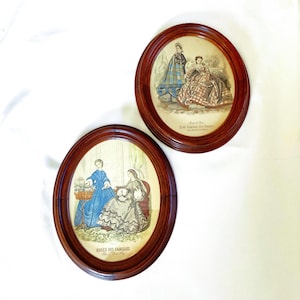 Vintage Illustrated French Fashion Prints Oval Framed Victorian Artwork, Set of 2