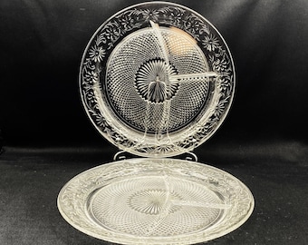 Clear Depression Glass Grill Plate, Indiana Glass Daisy Pattern Divided Plate, Set of 2