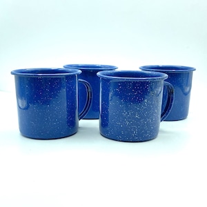 Vintage Blue Enamelware Coffee Mugs, Set of 4