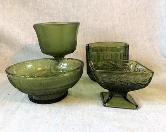 Vintage 1970s Green Glass Planters, Set of 4, Candy Dish, Compote