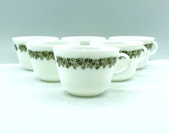 Vintage Pyrex Spring Blossom Milk Glass Coffee Cups, Set of 6, Corelle Green Crazy Daisy