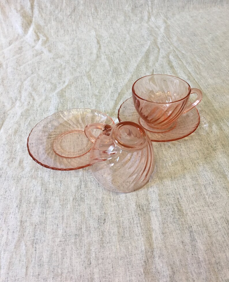 Arcoroc France Pink Glass Rosaline Cups and Saucers Set of 2 Etsy
