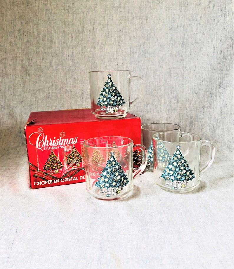Vintage Christmas Tree Mugs, Carlton Glass, Set of 4 Vintage Christmas Tree Mugs, Carlton Glass, Set of 4