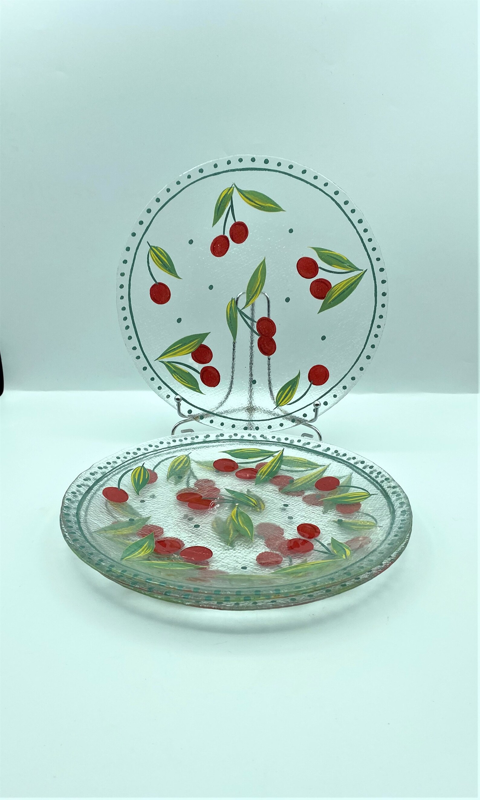 Vintage Hand Painted Cherries Glass Dinner Plates Set of 4 Etsy