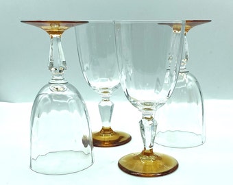 Vintage Amber Footed Optic Panel Water Goblets, Set of 4