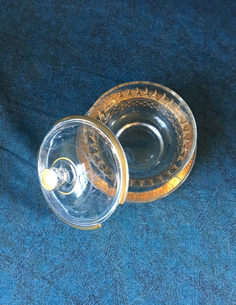 Vintage Covered Gold Flame Etched Mayonnaise or Dip Bowl with Underplate Mid Century Modern
