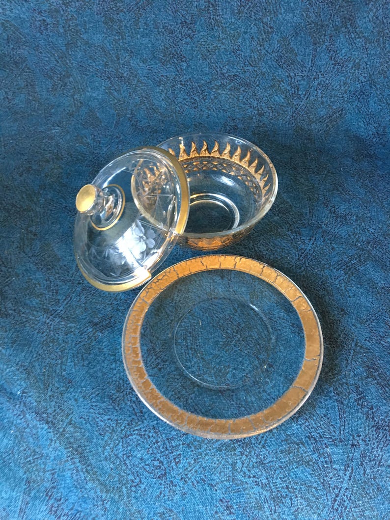 Vintage Covered Gold Flame Etched Mayonnaise or Dip Bowl with Underplate Mid Century Modern