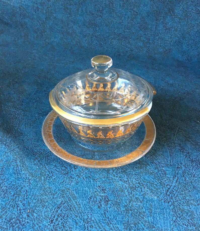 Vintage Covered Gold Flame Etched Mayonnaise or Dip Bowl with Underplate Mid Century Modern