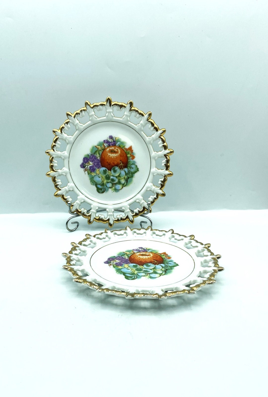 Vintage Napco Fruit Plates With Gold Trimmed Fleur De Lis Edge, Set of