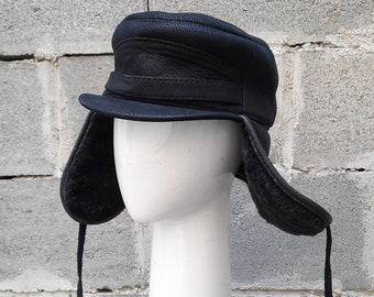 Vintage Black Leather Faux Fur Trapper Hat Adjustable Ear Flaps Winter HaT