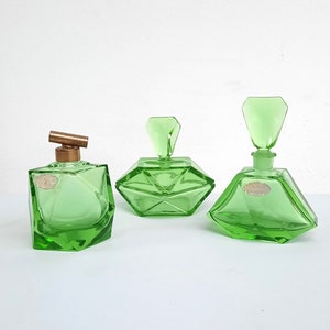 Vintage Rare Green Crystal Vanity Set Echt Kristall German Perfume Atomizer Perfume Bottle Trinket Box Art Deco