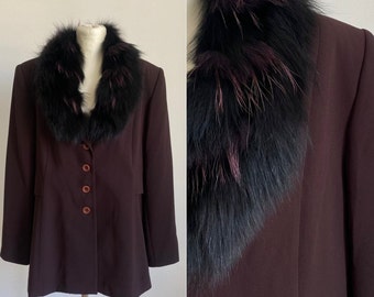 Beautiful Vintage Deep Burgundy Blazer Jacket Faux Fur Removable Collar